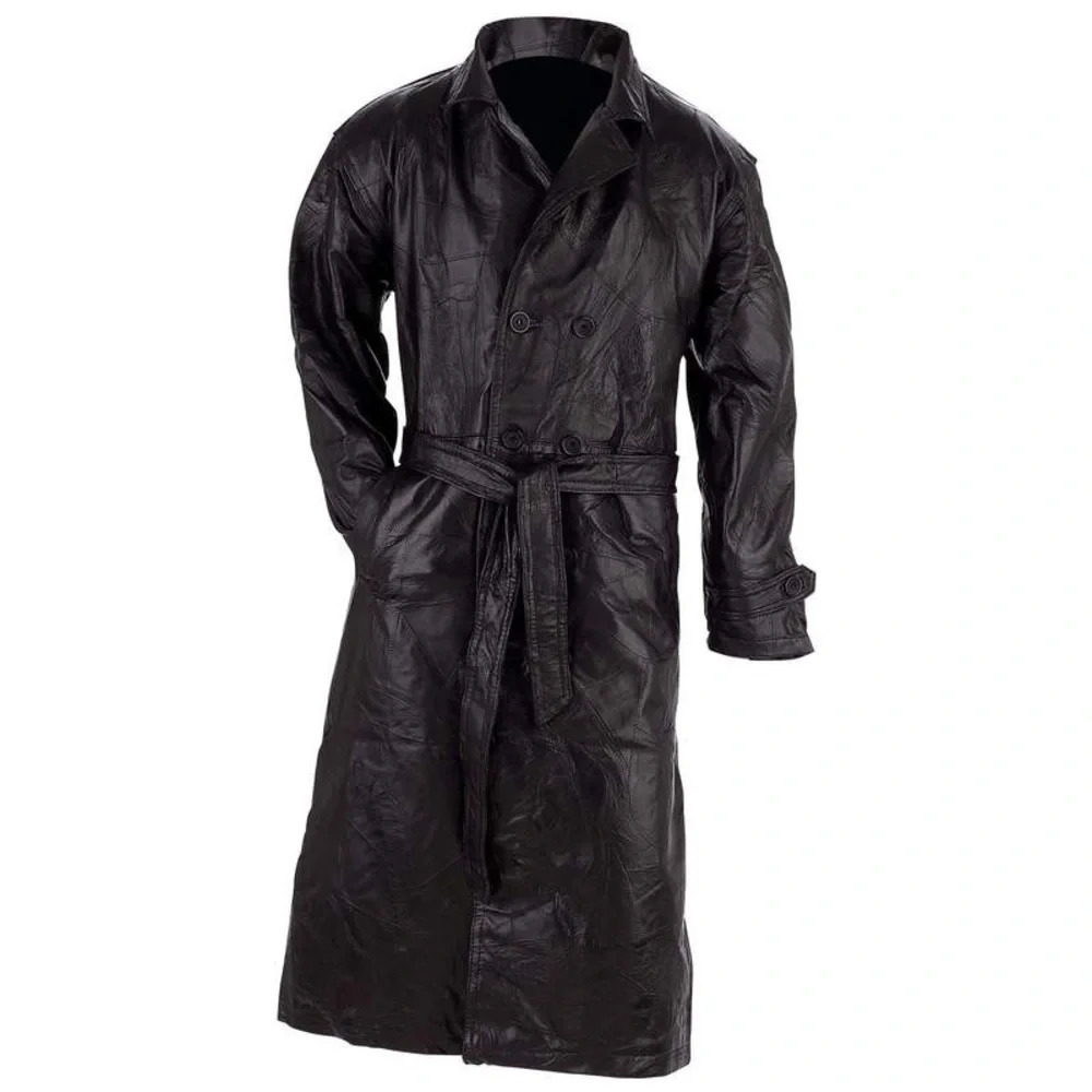 Giovanni Navarre Italian Stone Design Black Leather Trench Coat - Size 2X